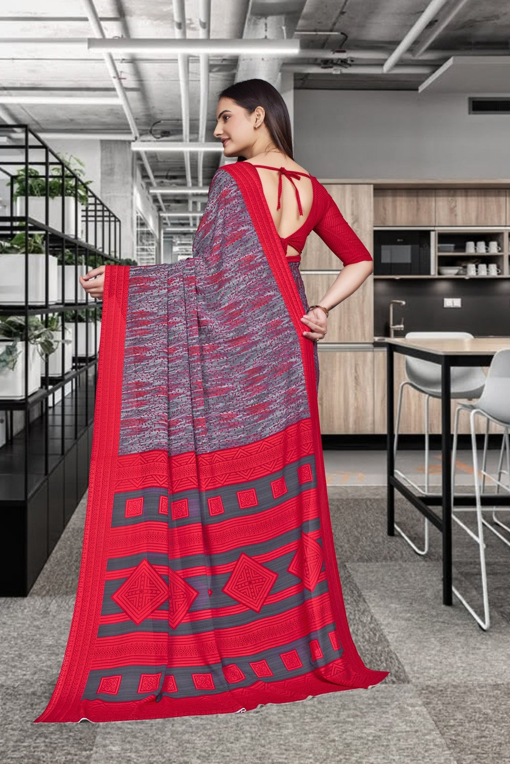 Red Georgette Professional Office Saree - FeministaGeorgette