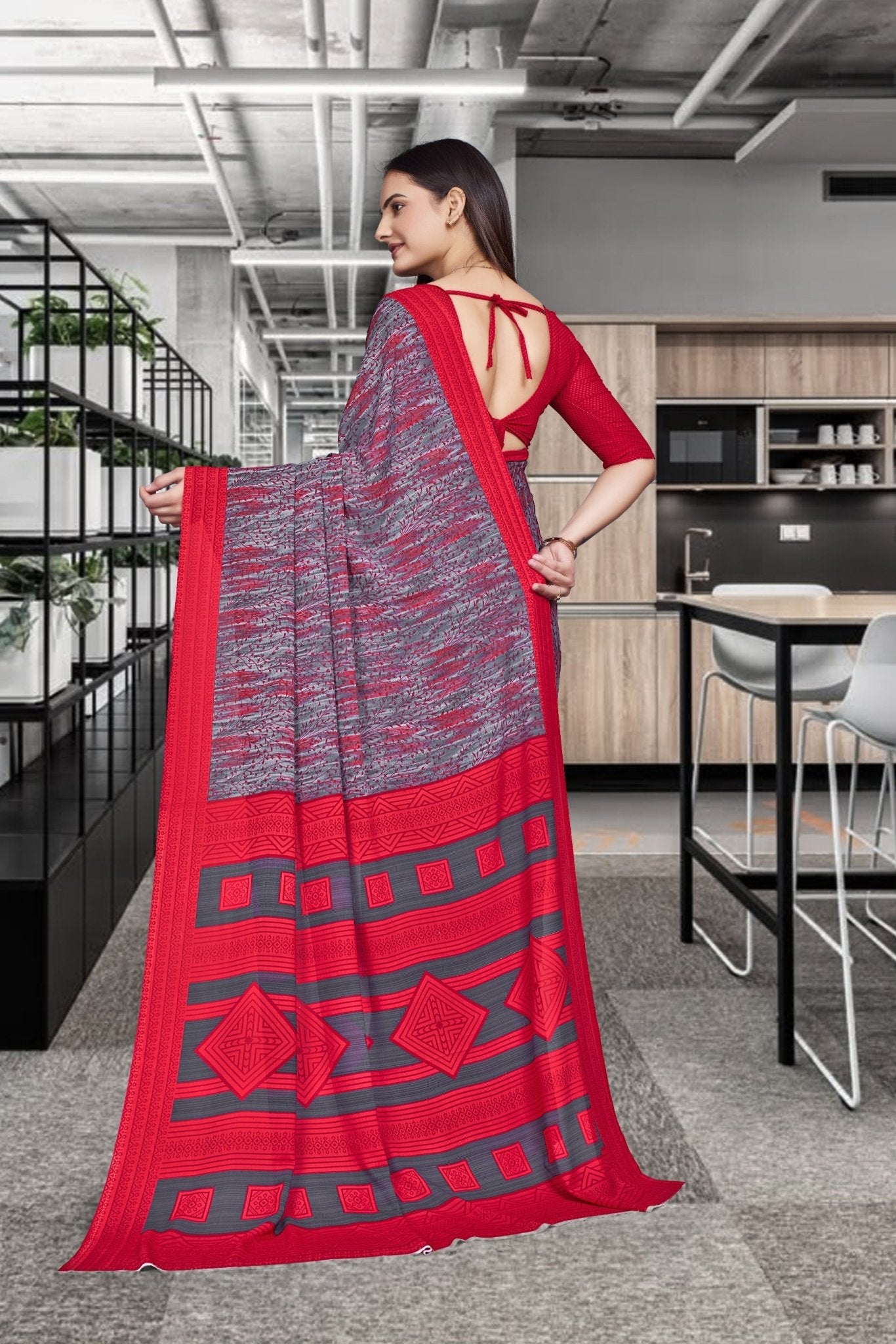 Red Georgette Professional Office Saree - FeministaGeorgette