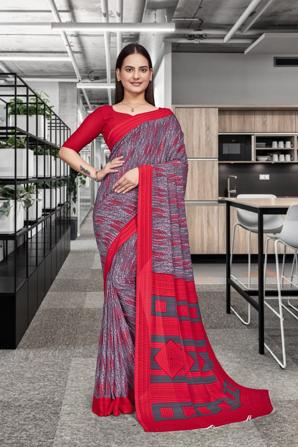 Red Georgette Professional Office Saree - FeministaGeorgette