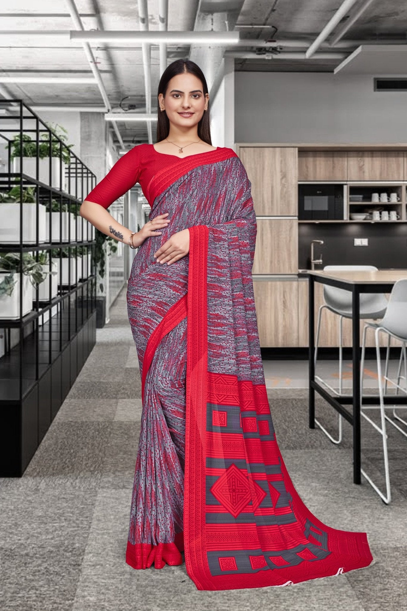 Red Georgette Professional Office Saree - FeministaGeorgette