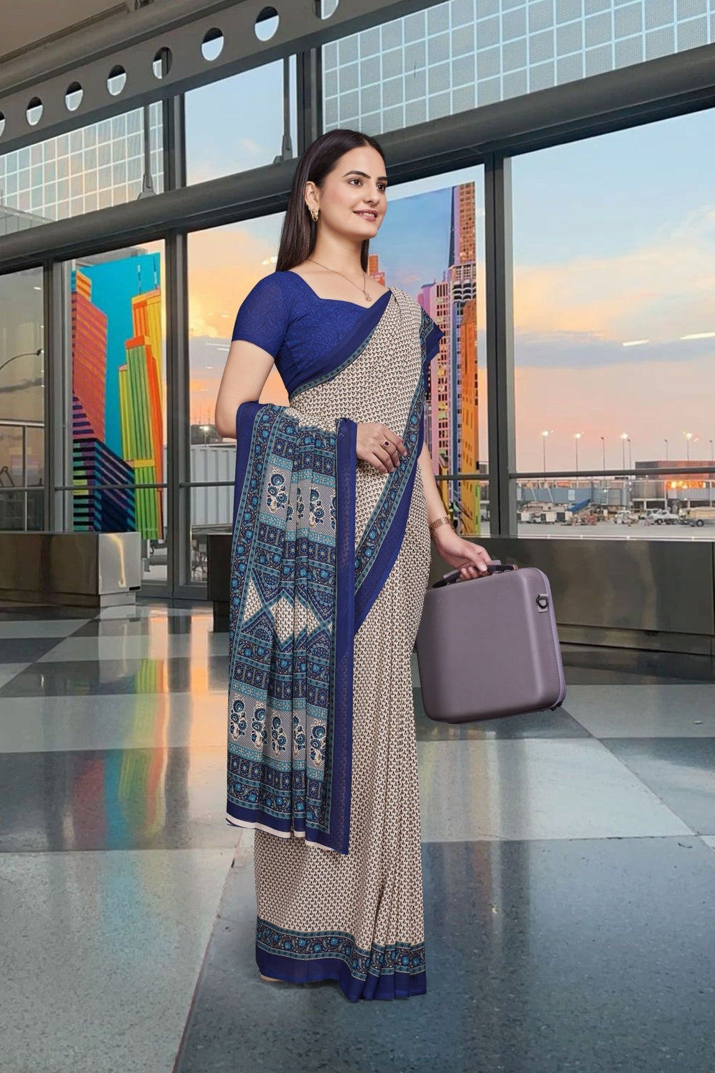 Blue Georgette Workplace Uniform Saree - FeministaGeorgette