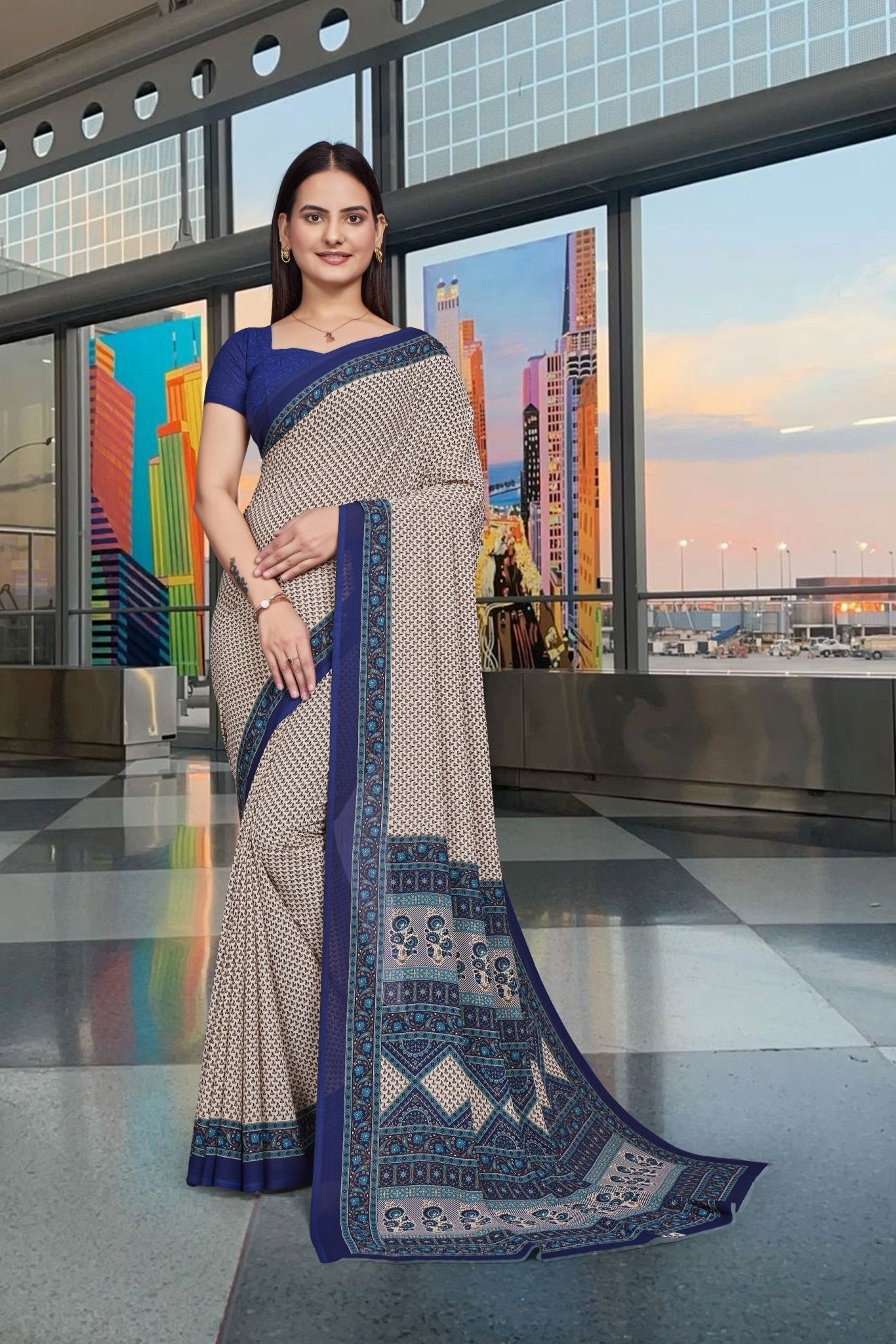 Blue Georgette Workplace Uniform Saree - FeministaGeorgette