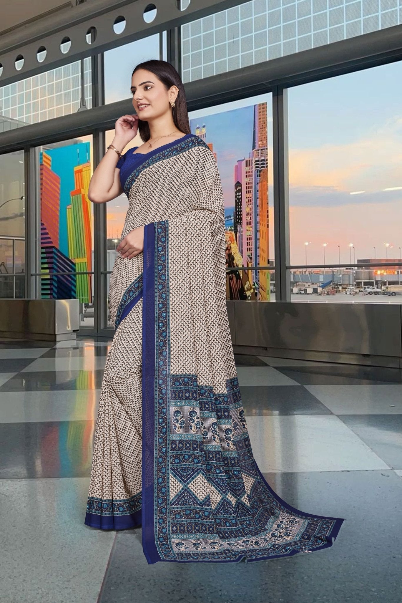 Blue Georgette Workplace Uniform Saree - FeministaGeorgette