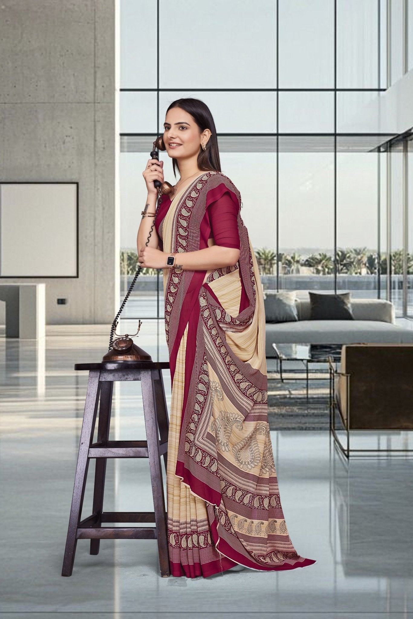Beige Georgette Professional Office Saree - FeministaGeorgette