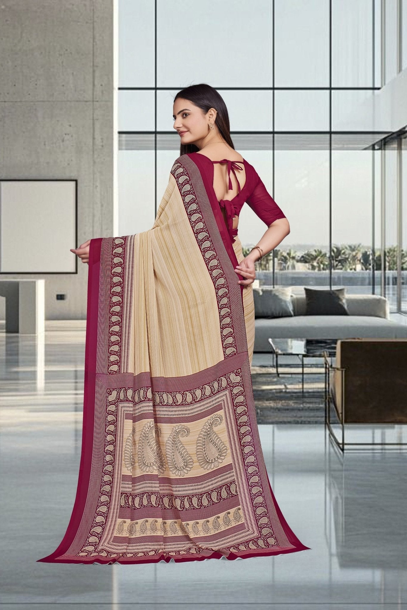 Beige Georgette Professional Office Saree - FeministaGeorgette