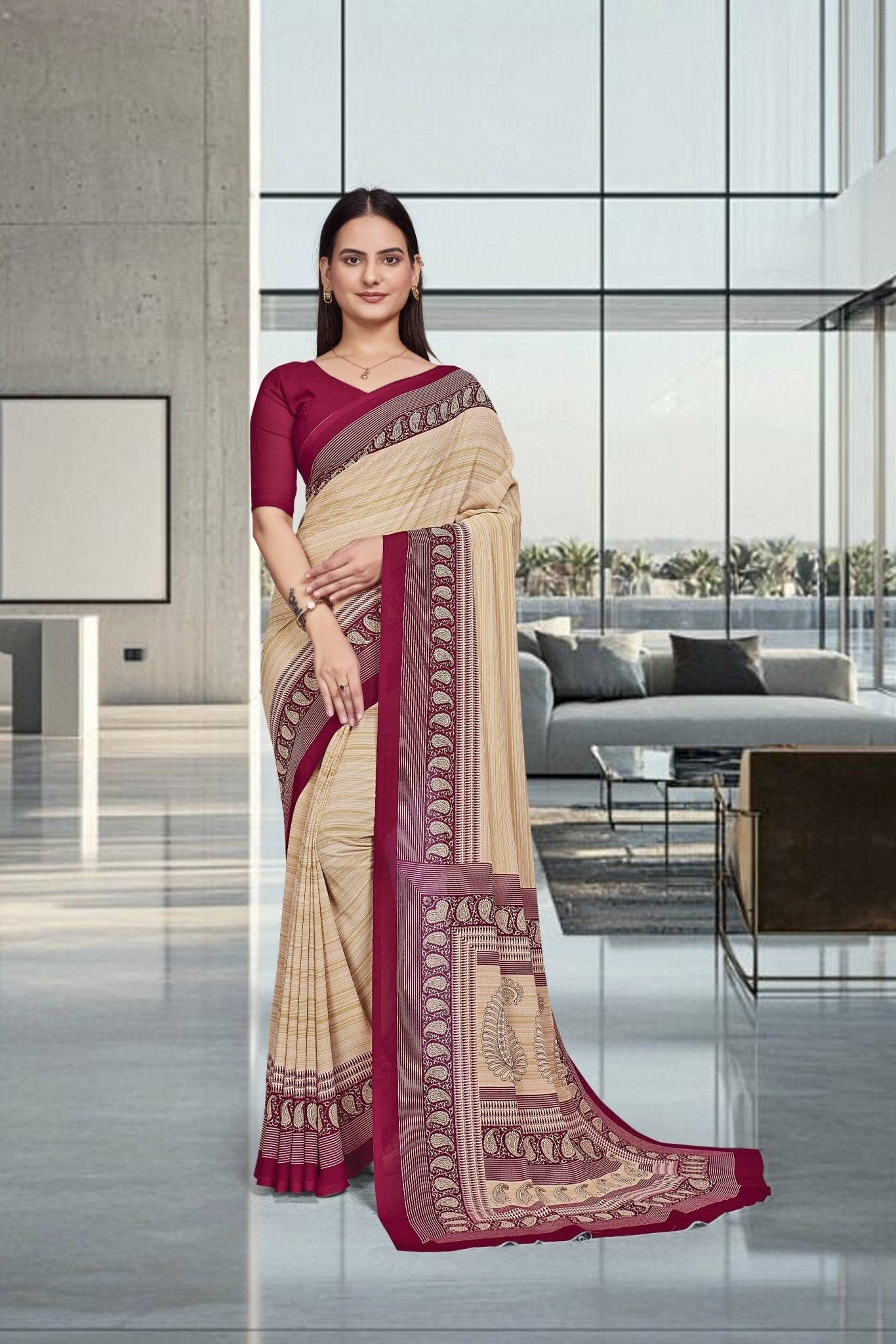 Beige Georgette Professional Office Saree - FeministaGeorgette