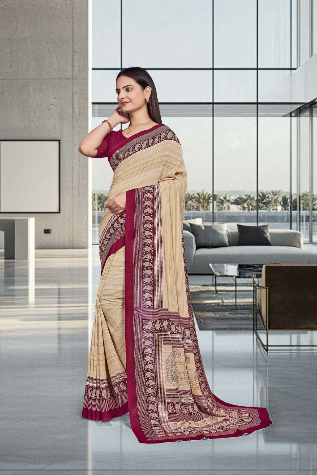 Beige Georgette Professional Office Saree - FeministaGeorgette