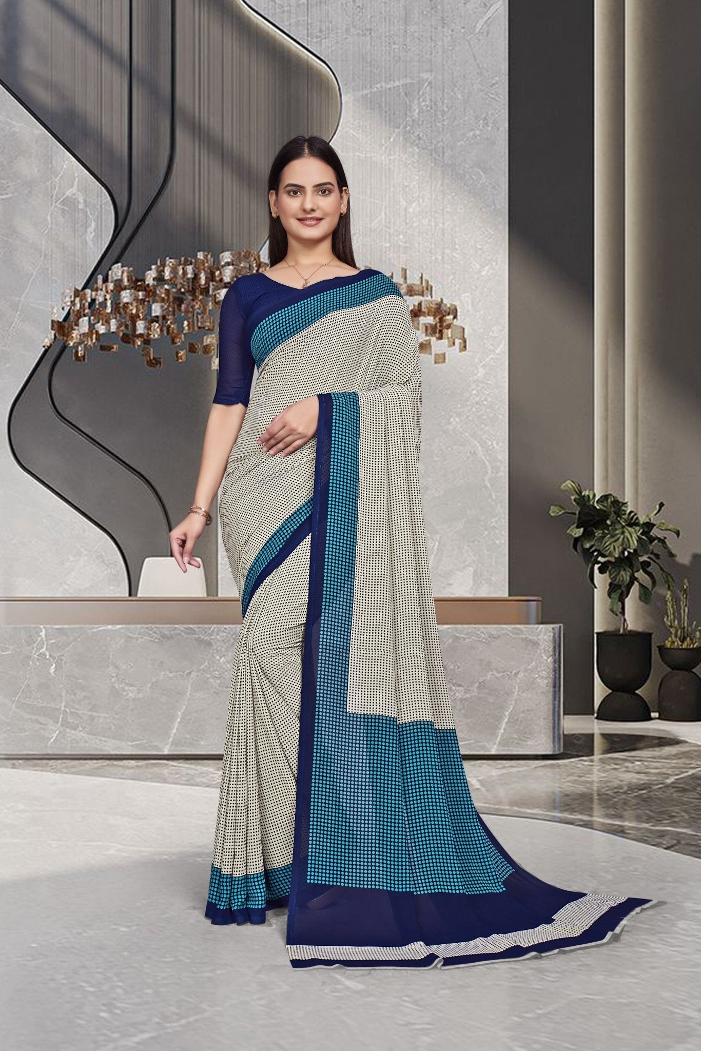 Blue Georgette Workplace Uniform Saree - FeministaGeorgette