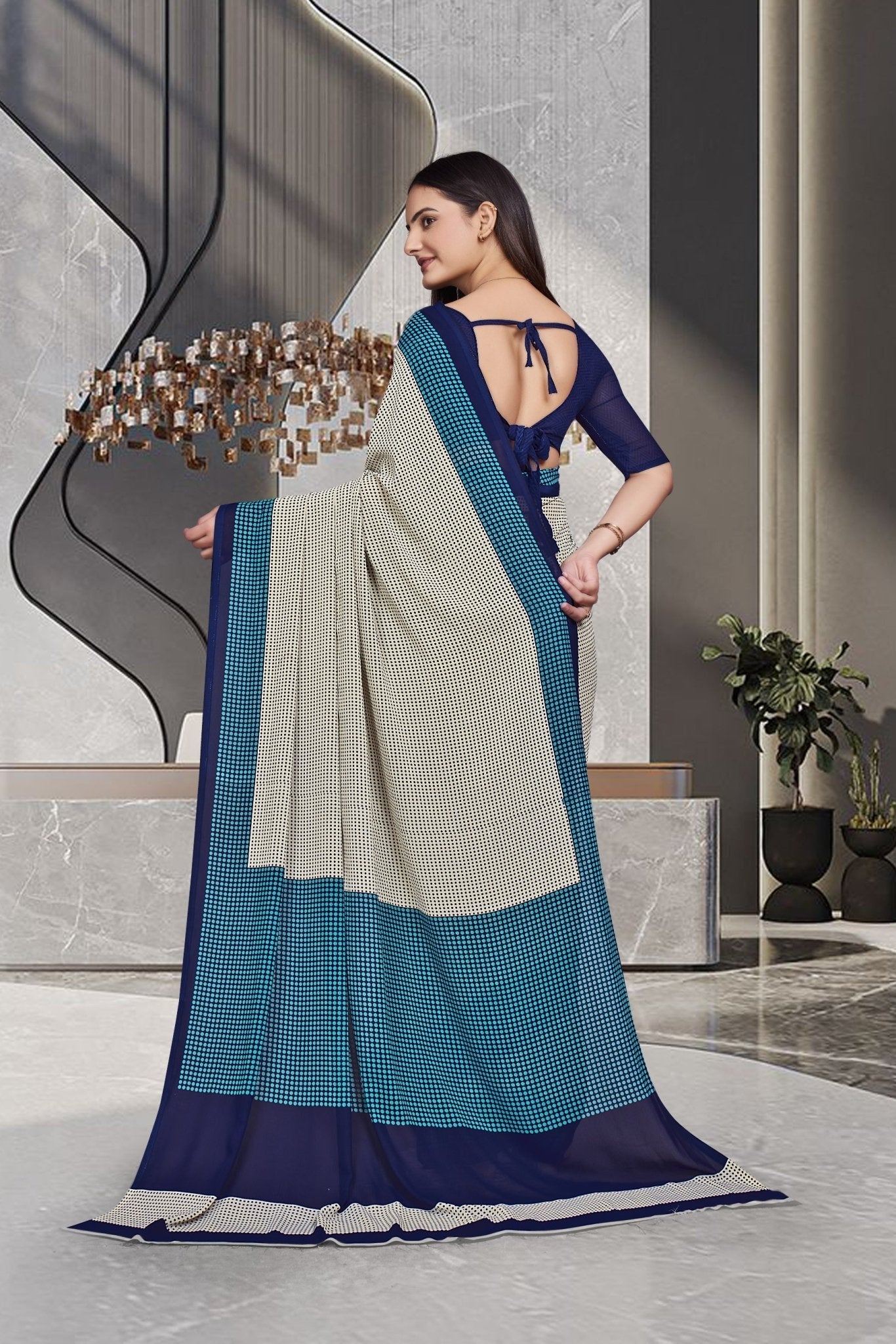 Blue Georgette Workplace Uniform Saree - FeministaGeorgette
