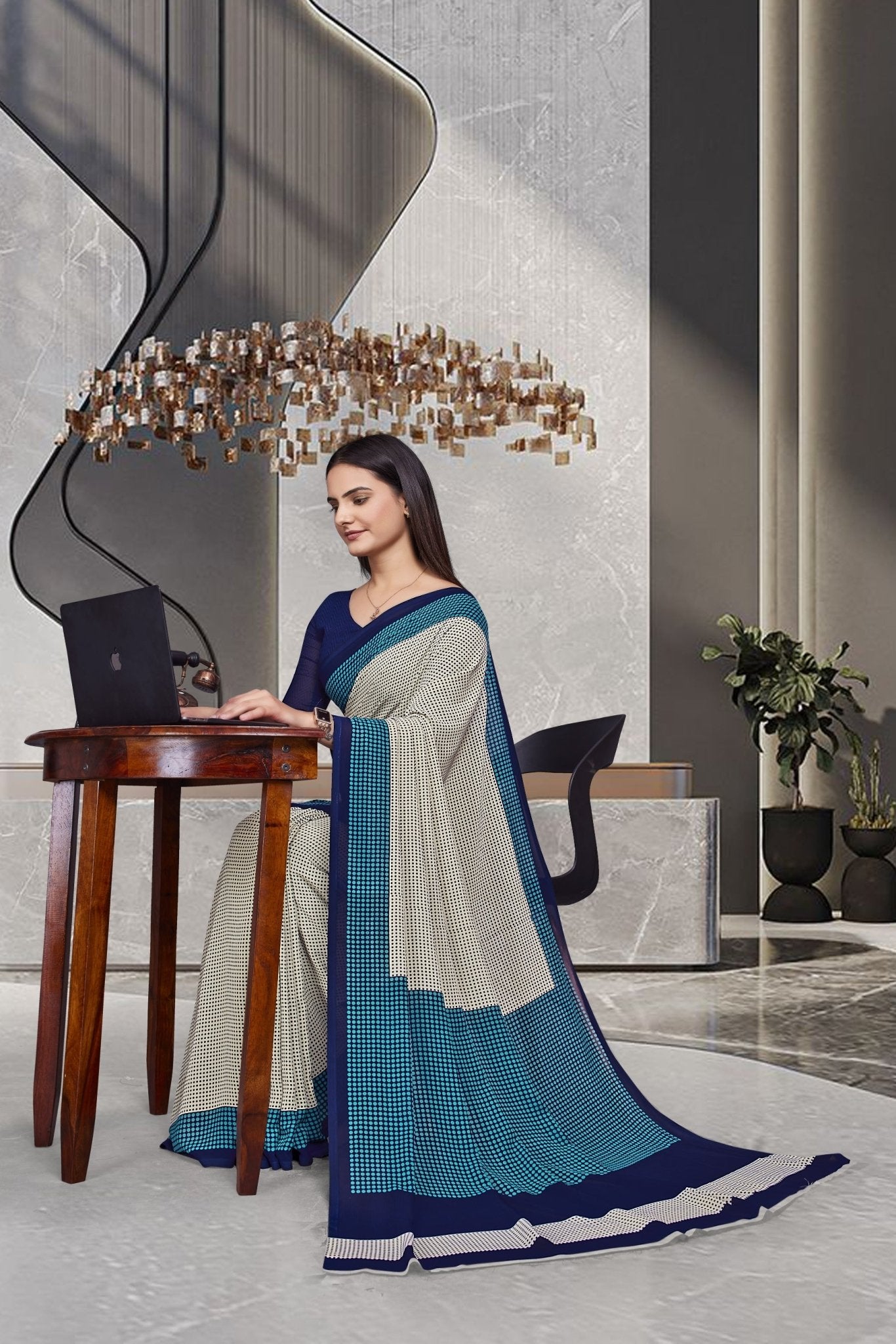 Blue Georgette Workplace Uniform Saree - FeministaGeorgette