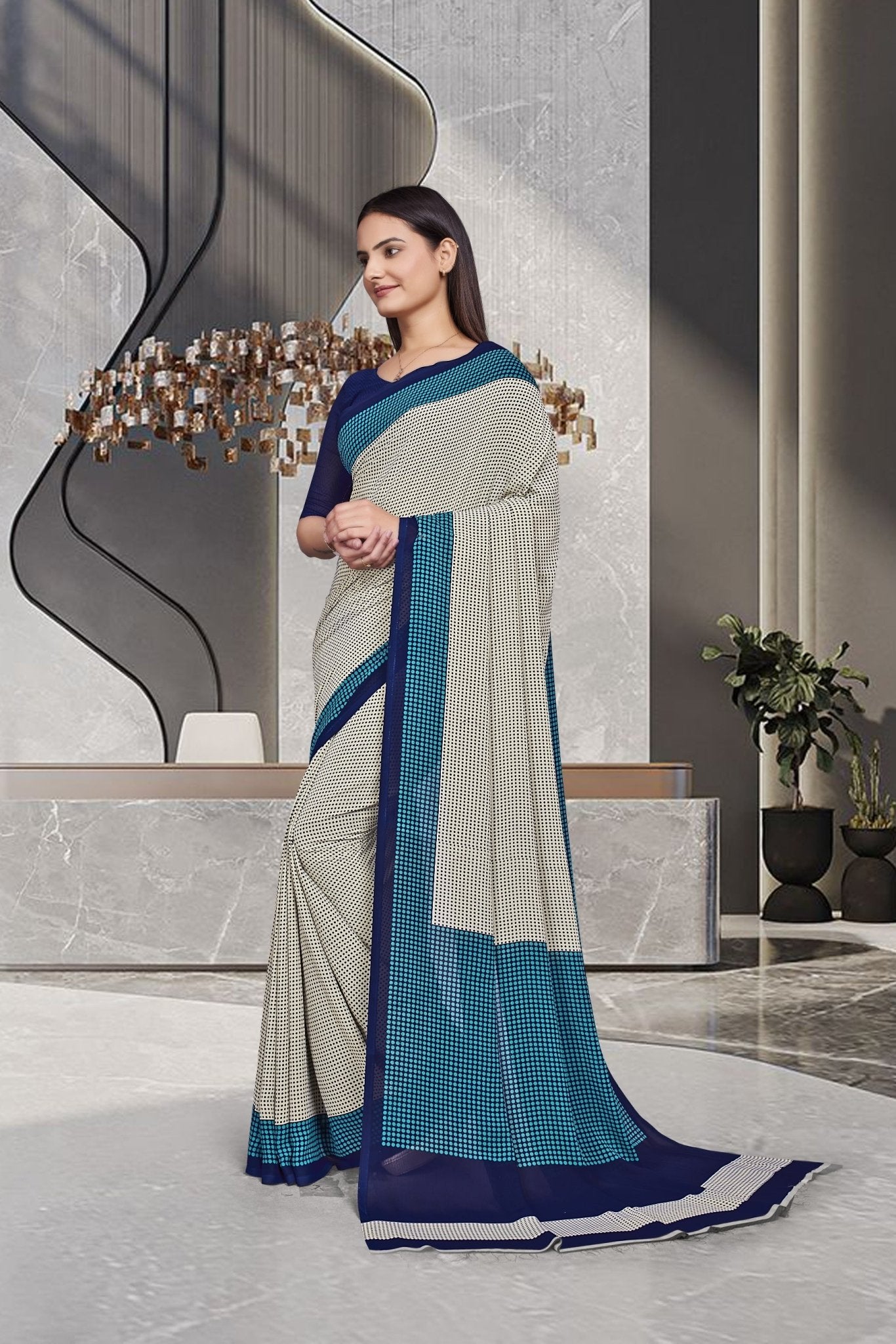 Blue Georgette Workplace Uniform Saree - FeministaGeorgette