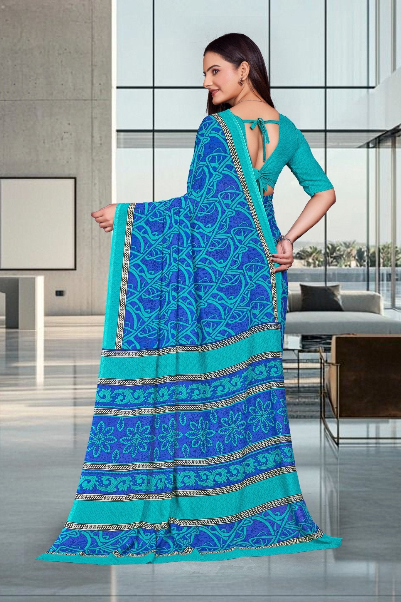 Blue Georgette Professional Office Saree - FeministaGeorgette