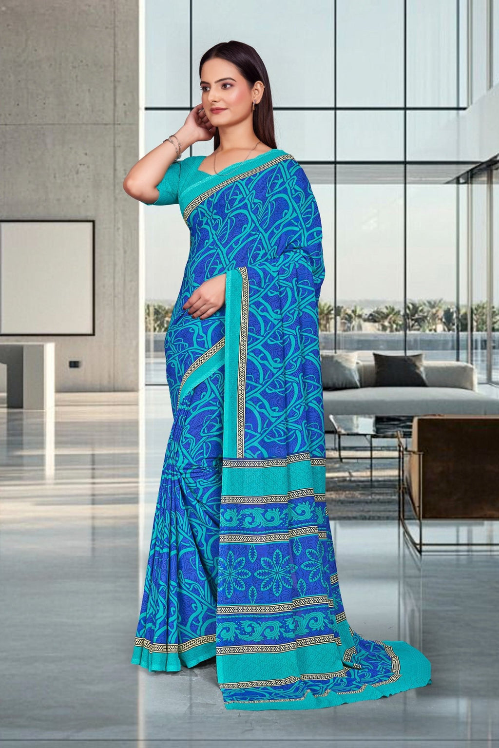 Blue Georgette Professional Office Saree - FeministaGeorgette