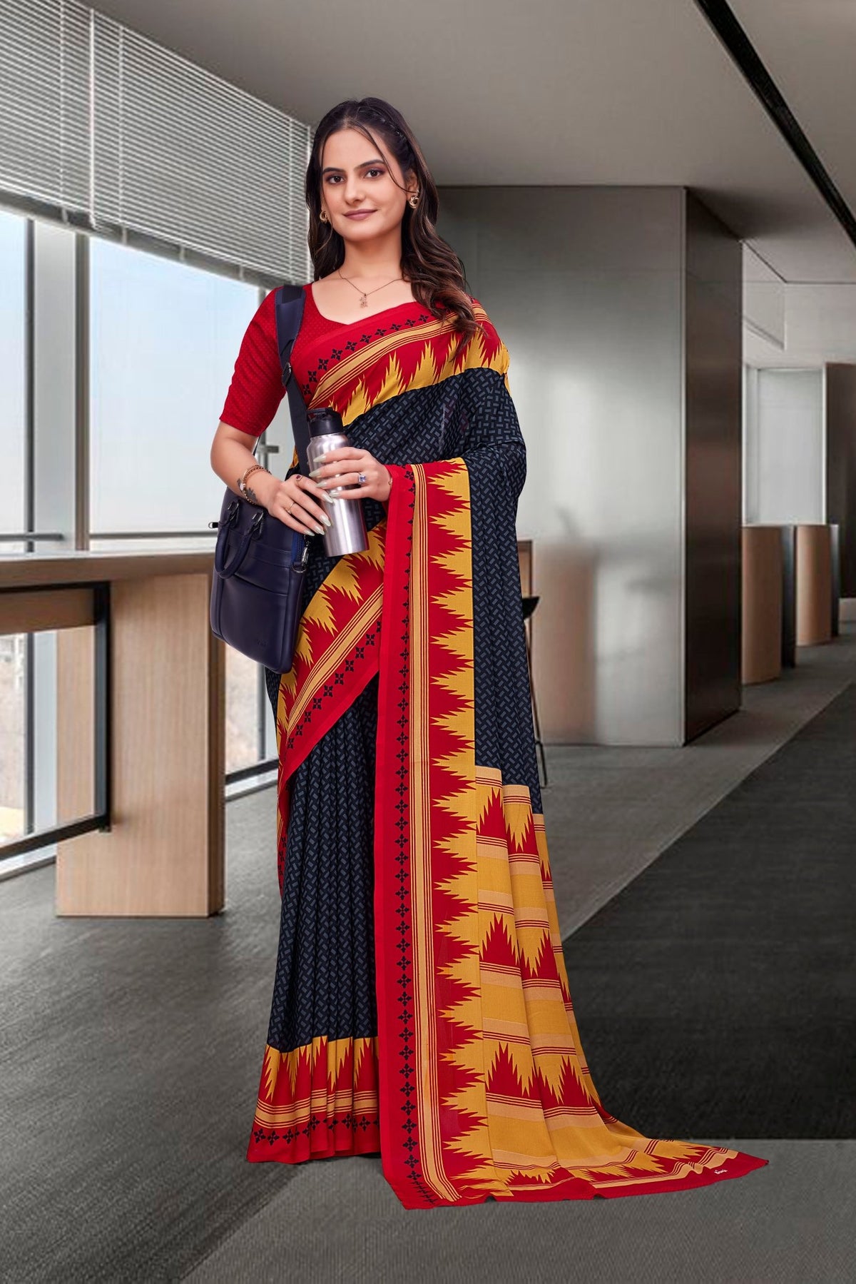 Black Georgette Business Saree for Professionals - FeministaGeorgette