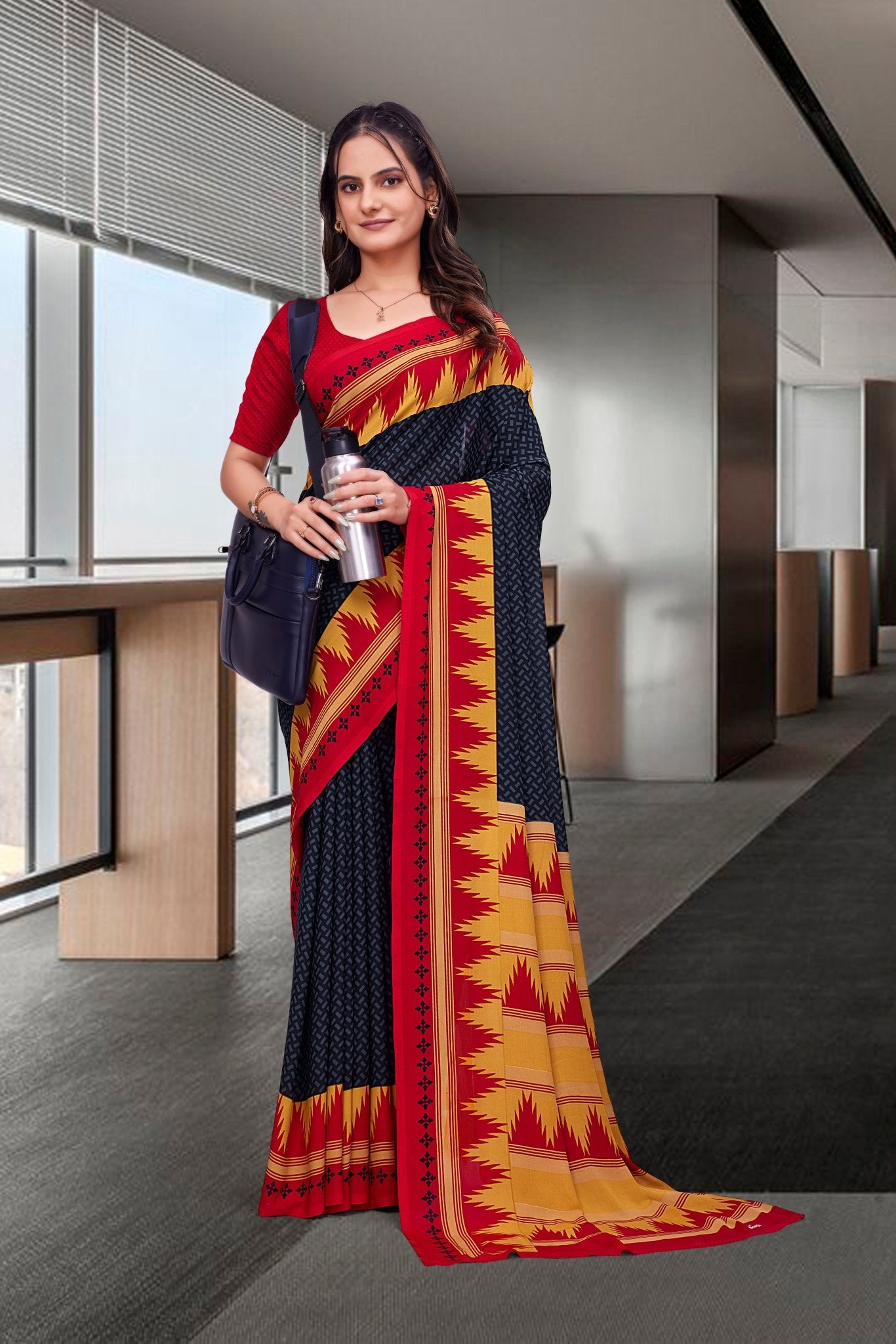 Black Georgette Business Saree for Professionals - FeministaGeorgette