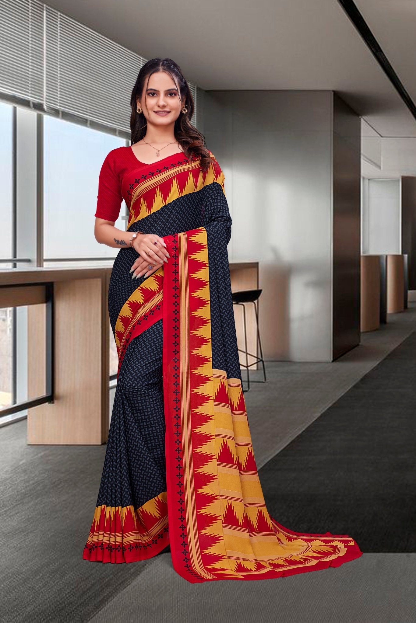 Black Georgette Business Saree for Professionals - FeministaGeorgette