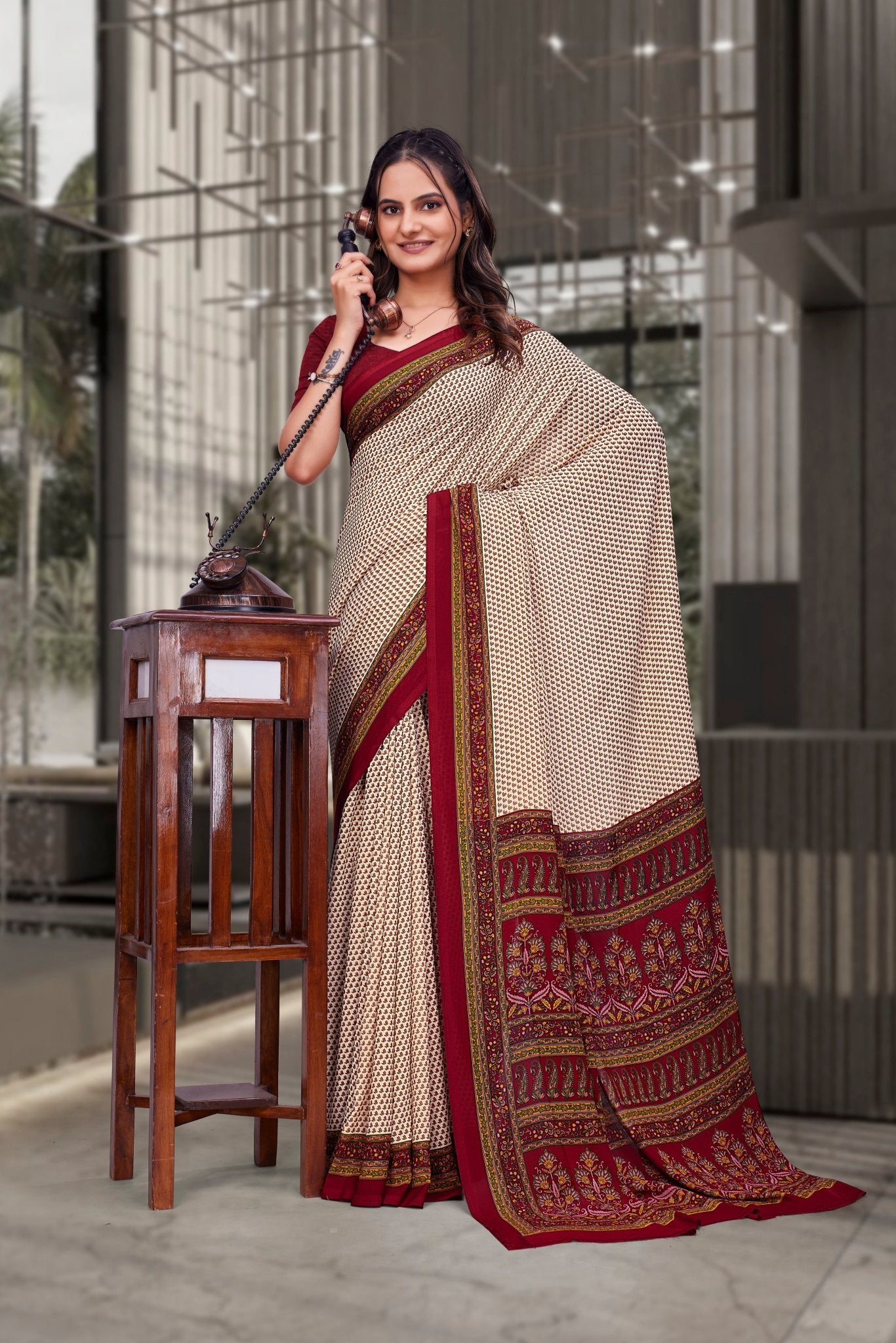 Beige Georgette Workplace Uniform Saree - FeministaGeorgette