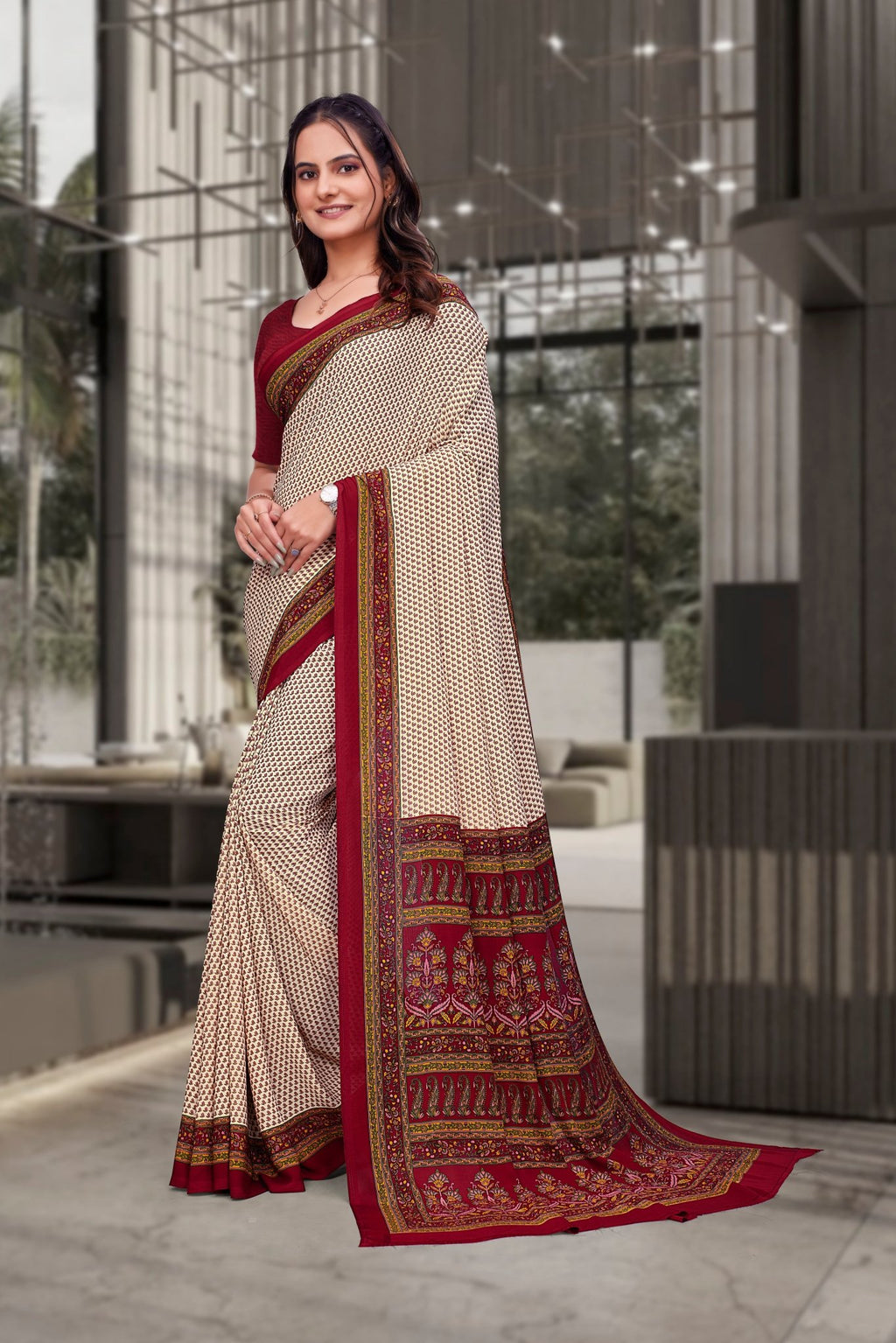 Beige Georgette Workplace Uniform Saree - FeministaGeorgette