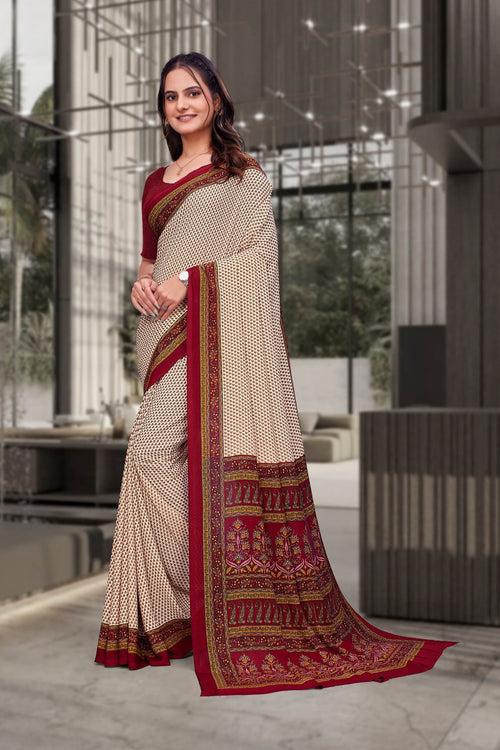 Beige Georgette Workplace Uniform Saree - FeministaGeorgette