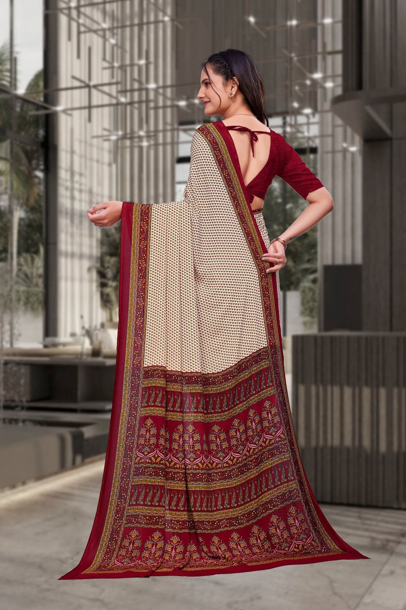 Beige Georgette Workplace Uniform Saree - FeministaGeorgette
