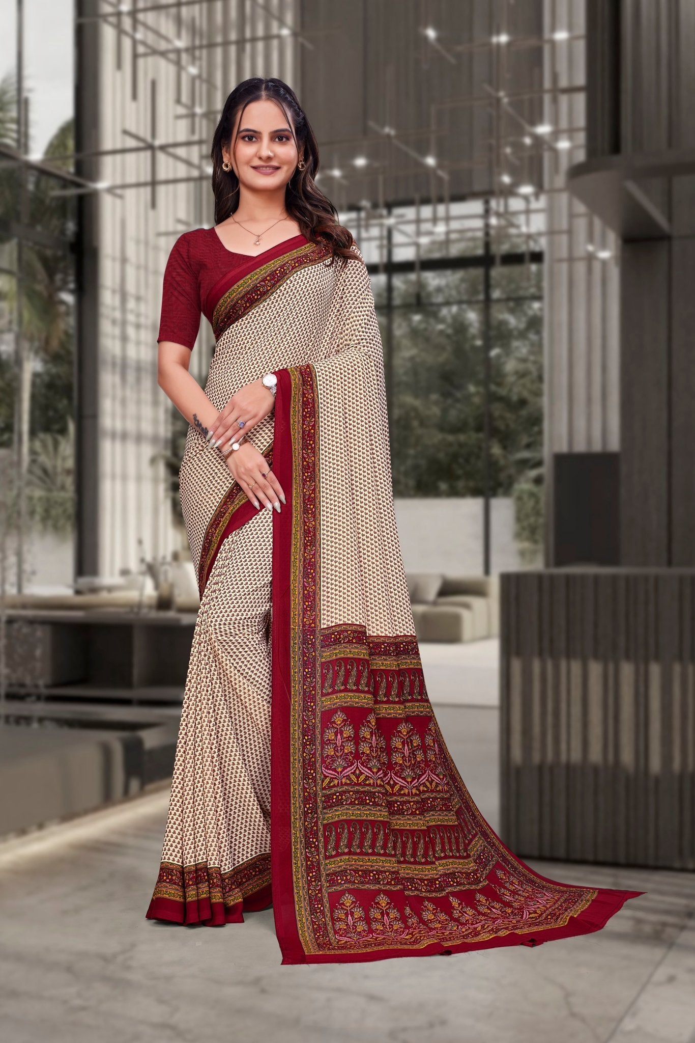 Beige Georgette Workplace Uniform Saree - FeministaGeorgette