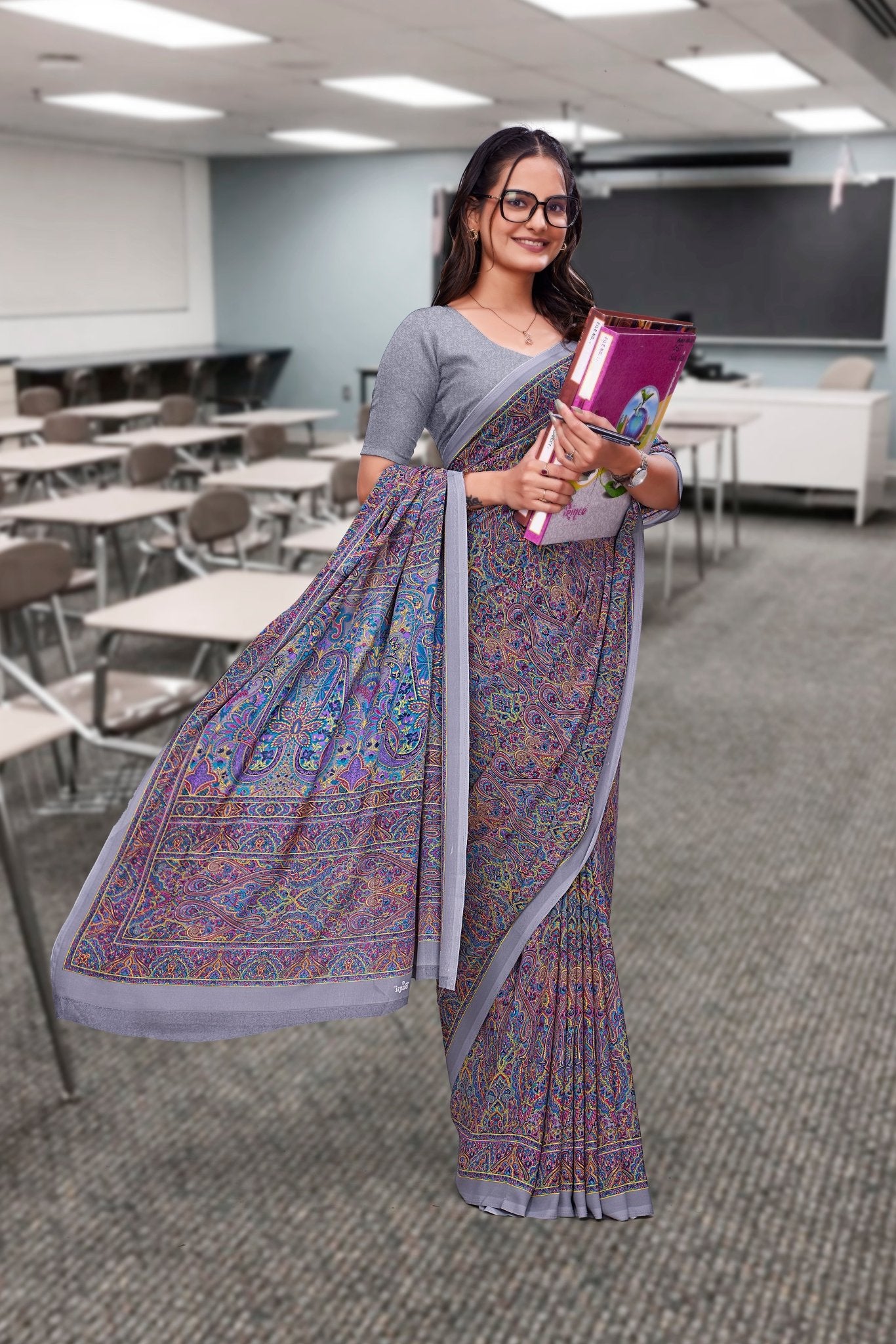 Grey Georgette Professional Office Saree - FeministaGeorgette