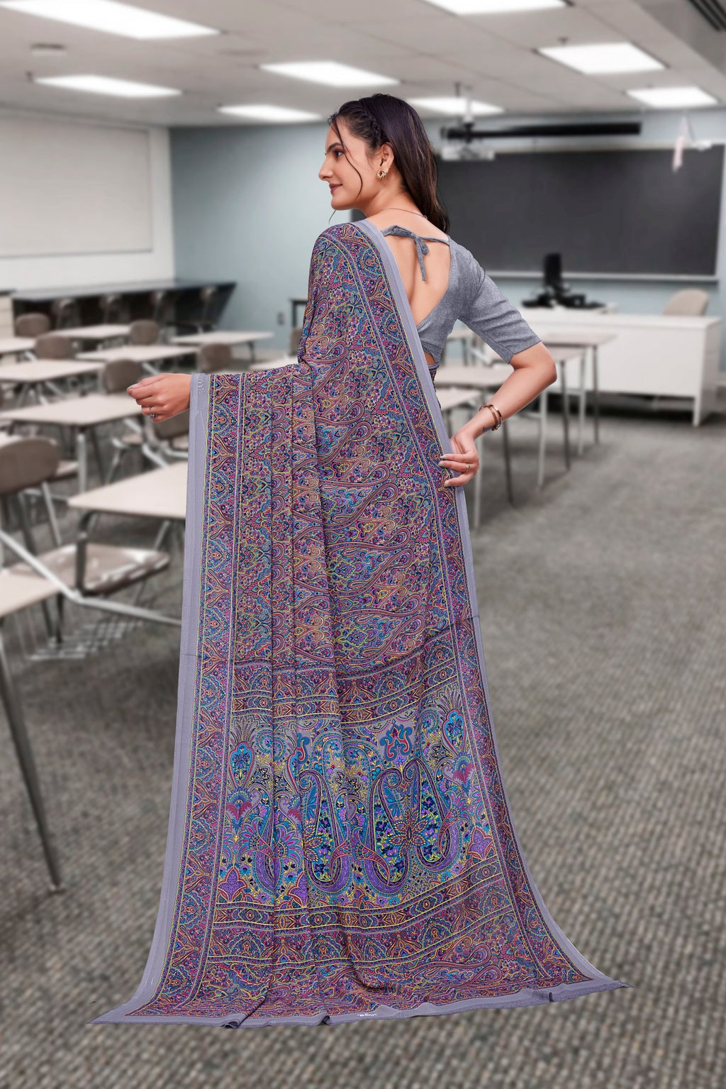 Grey Georgette Professional Office Saree - FeministaGeorgette
