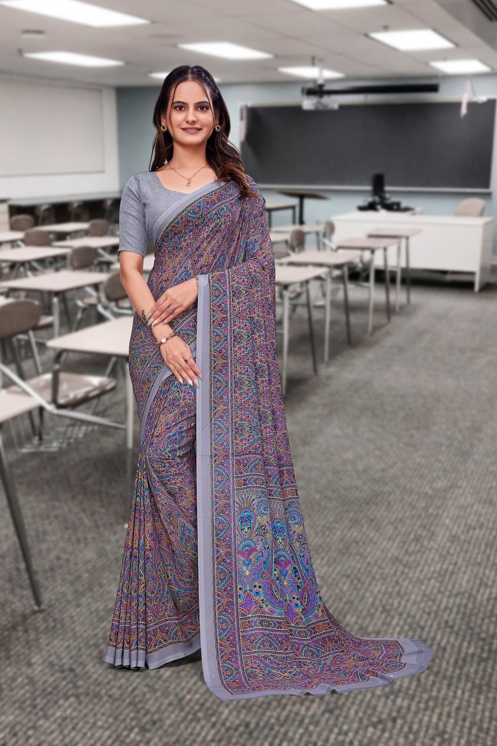 Grey Georgette Professional Office Saree - FeministaGeorgette