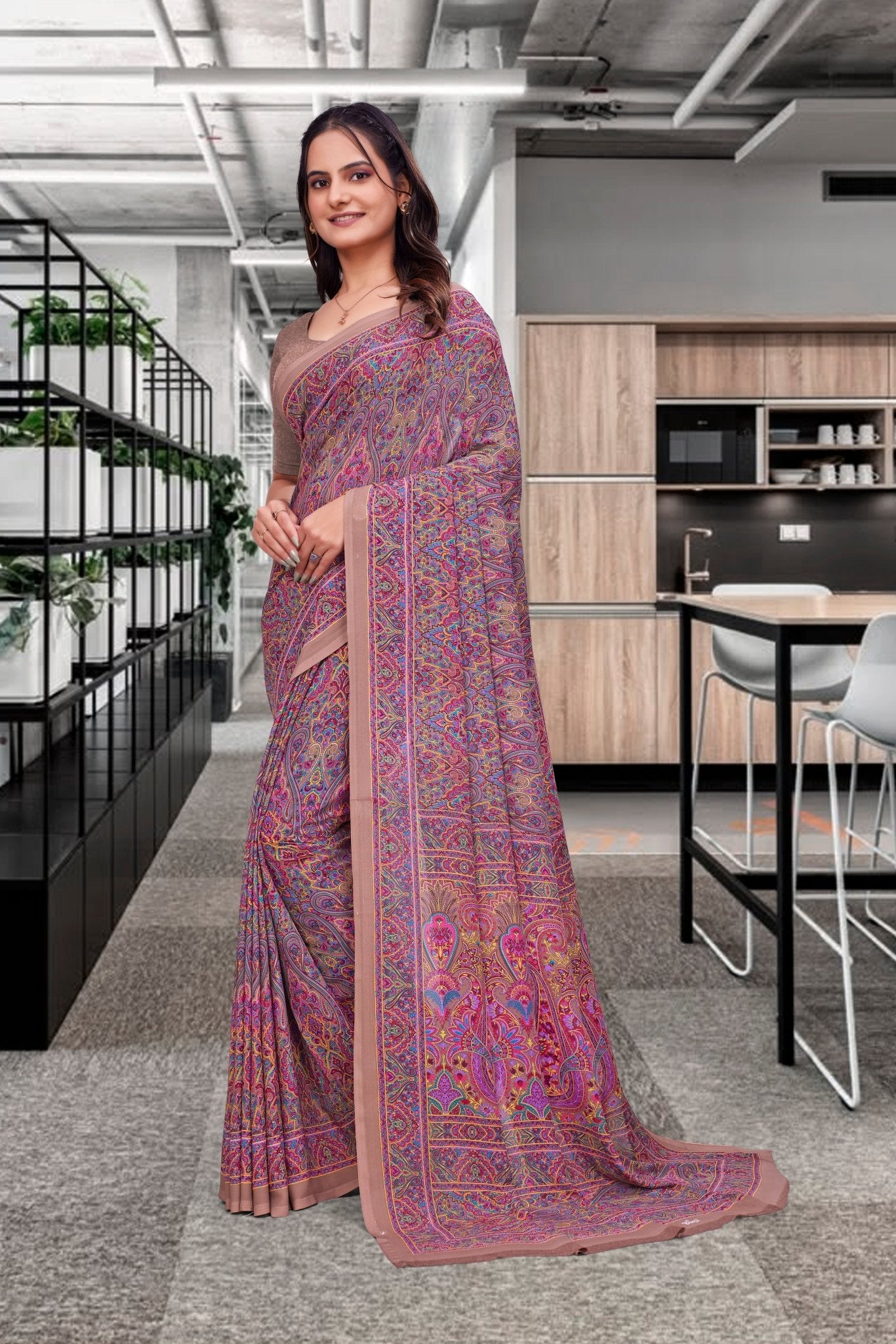 Multicolor Georgette Professional Office Saree - FeministaGeorgette