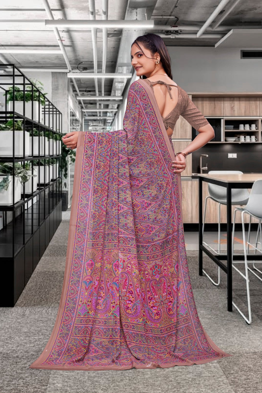 Multicolor Georgette Professional Office Saree - FeministaGeorgette