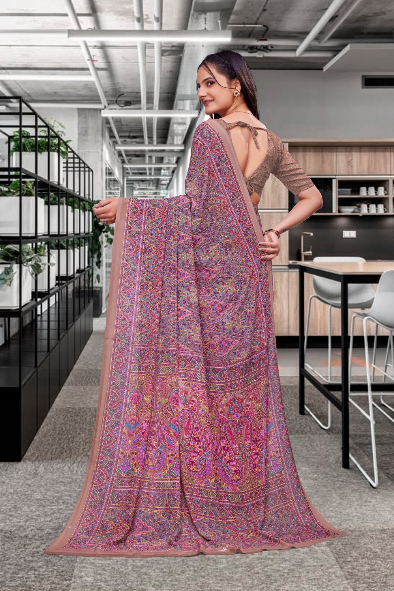 Multicolor Georgette Professional Office Saree - FeministaGeorgette