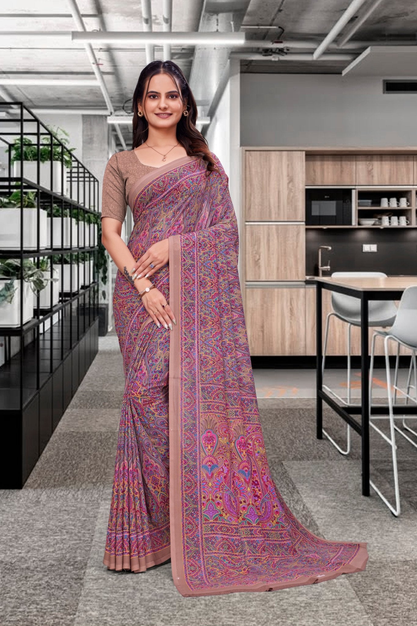 Multicolor Georgette Professional Office Saree - FeministaGeorgette
