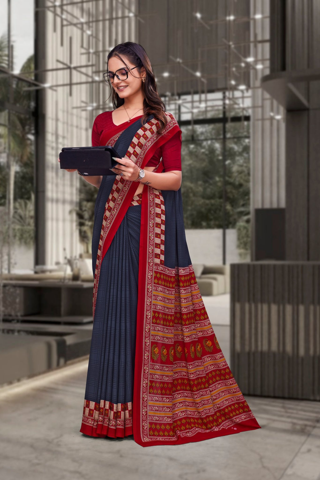 Dark Blue Georgette Professional Office Saree - FeministaGeorgette