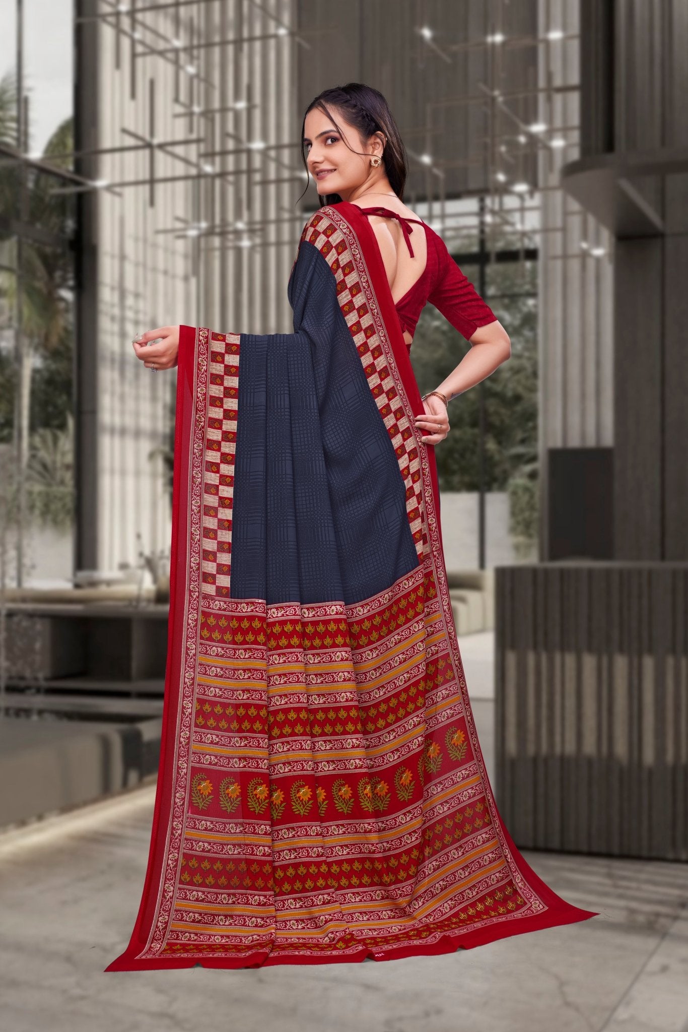 Dark Blue Georgette Professional Office Saree - FeministaGeorgette