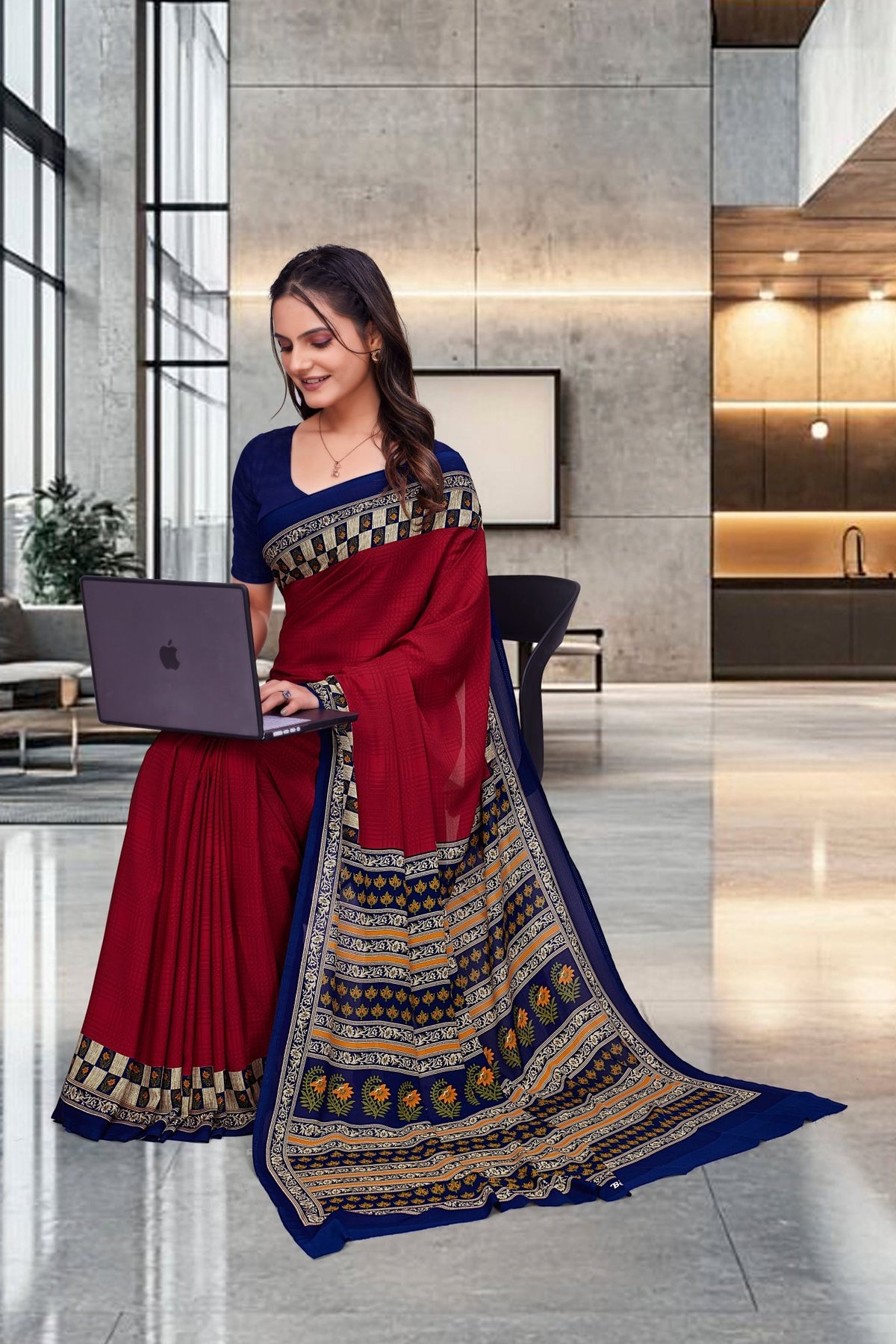 Red Georgette Workplace Uniform Saree - FeministaGeorgette