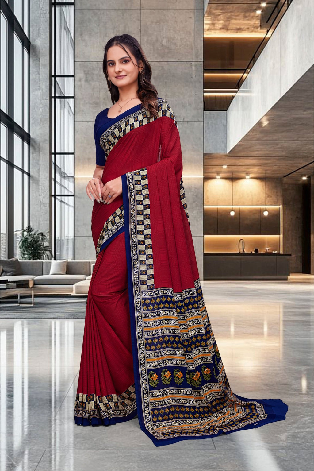 Red Georgette Workplace Uniform Saree - FeministaGeorgette