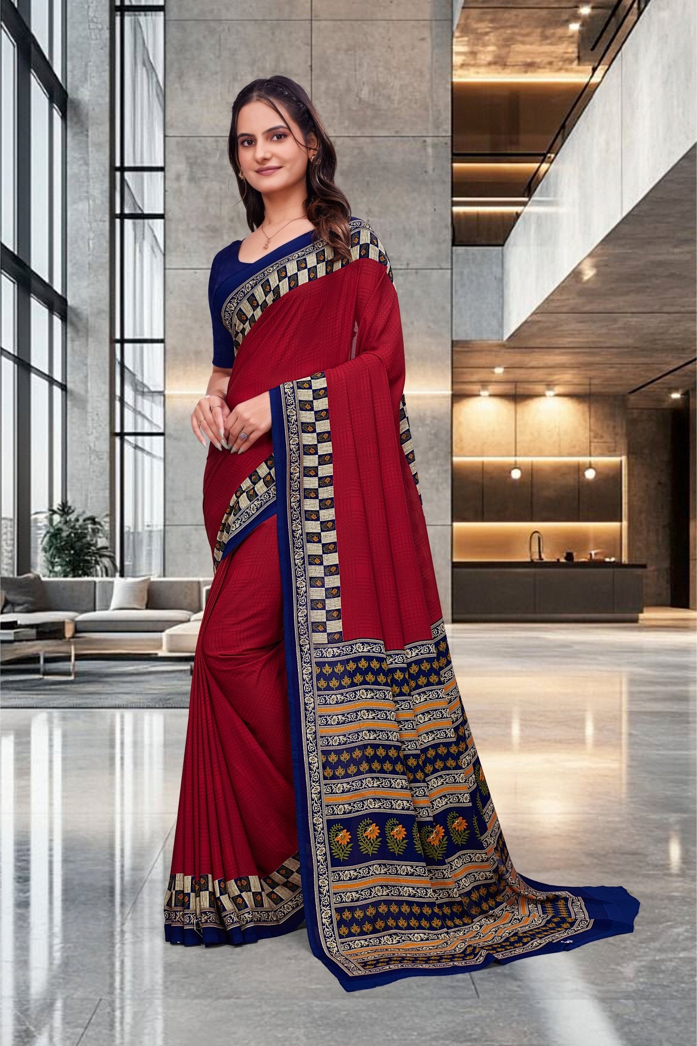 Red Georgette Workplace Uniform Saree - FeministaGeorgette
