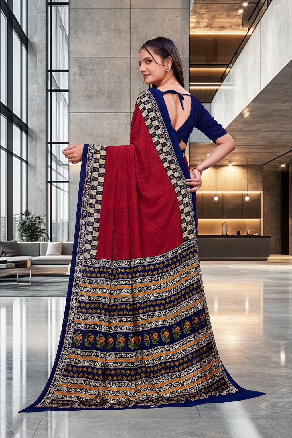 Red Georgette Workplace Uniform Saree - FeministaGeorgette
