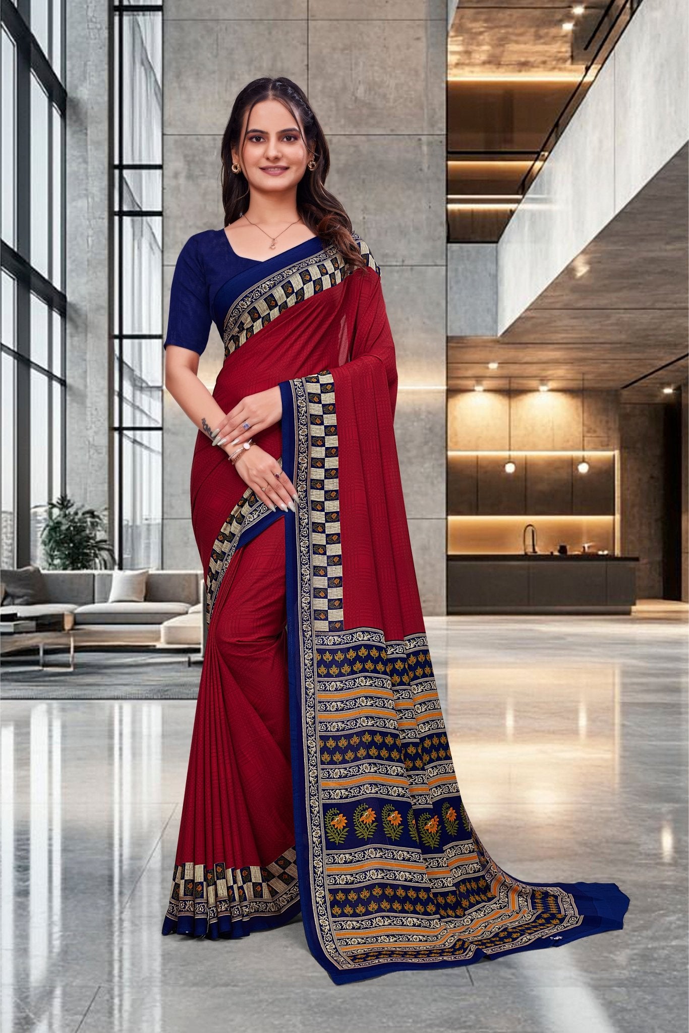 Red Georgette Workplace Uniform Saree - FeministaGeorgette
