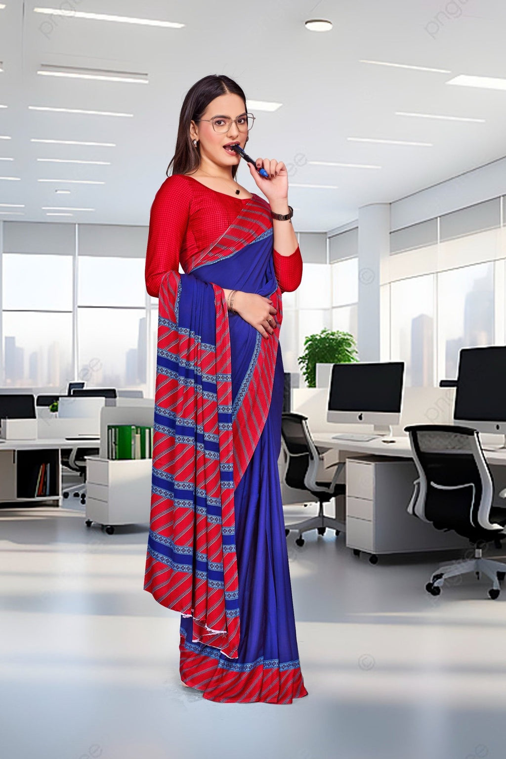 Blue Crepe Reception Staff Uniform Saree - FeministaCrepe