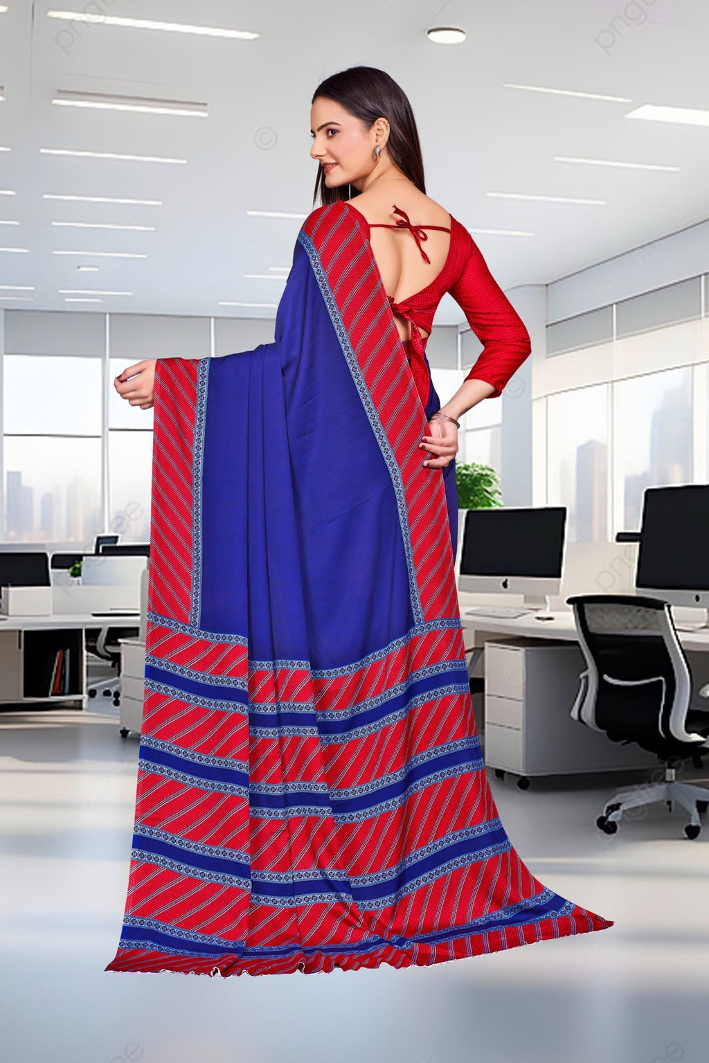 Blue Crepe Reception Staff Uniform Saree - FeministaCrepe