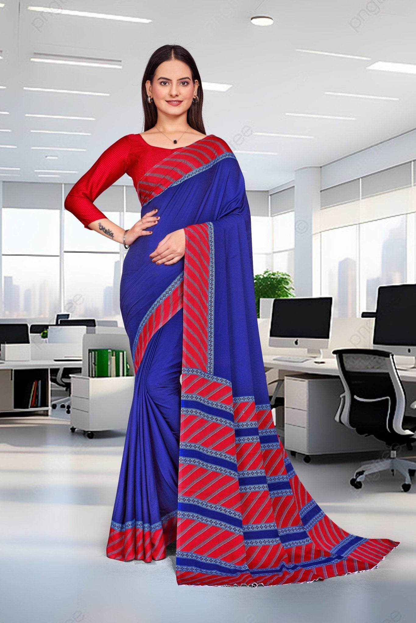 Blue Crepe Reception Staff Uniform Saree - FeministaCrepe