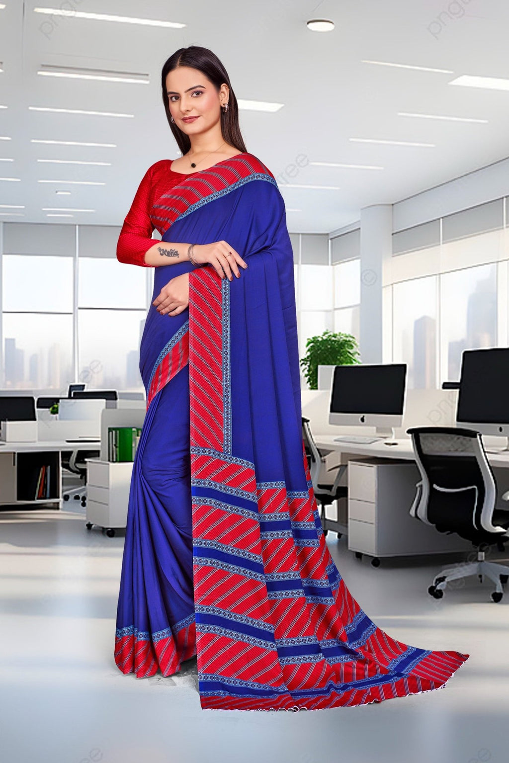 Blue Crepe Reception Staff Uniform Saree - FeministaCrepe