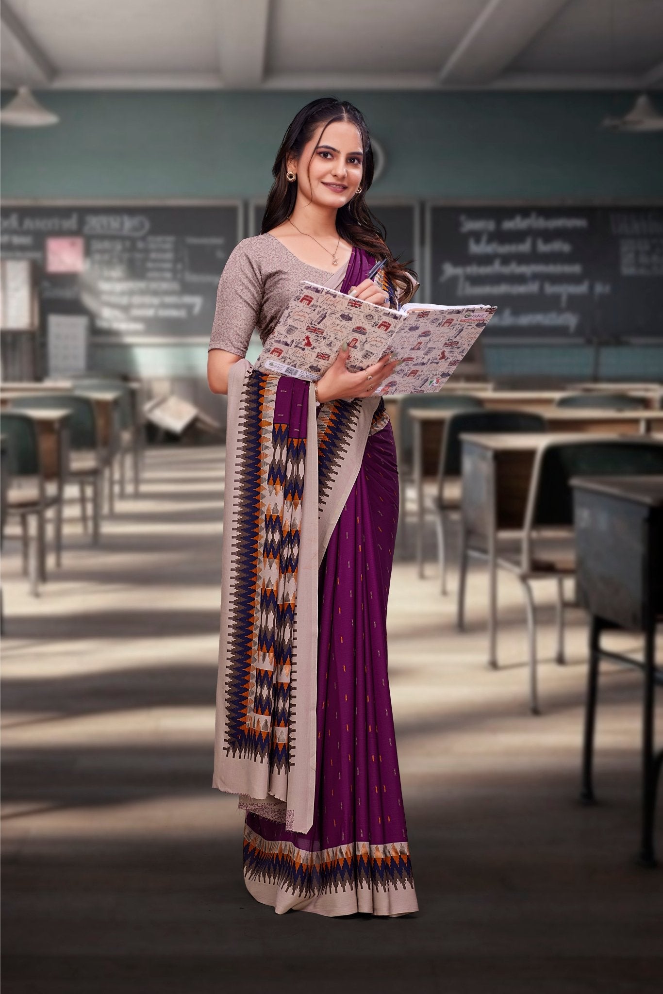 Purple Crepe Business Saree for Professionals - FeministaCrepe
