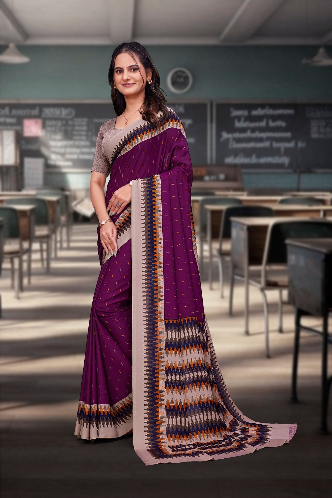 Purple Crepe Business Saree for Professionals - FeministaCrepe