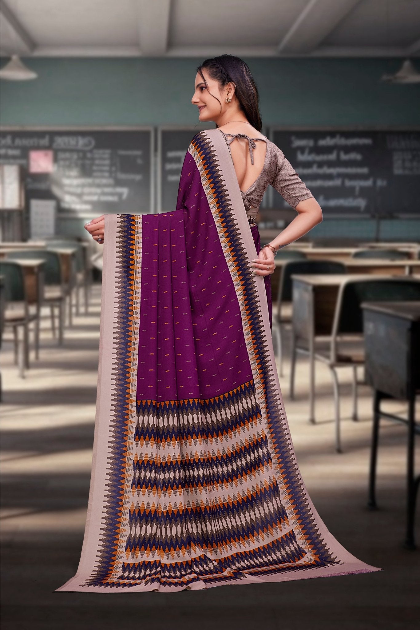 Purple Crepe Business Saree for Professionals - FeministaCrepe