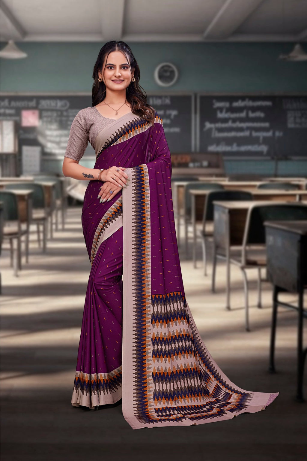 Purple Crepe Business Saree for Professionals - FeministaCrepe