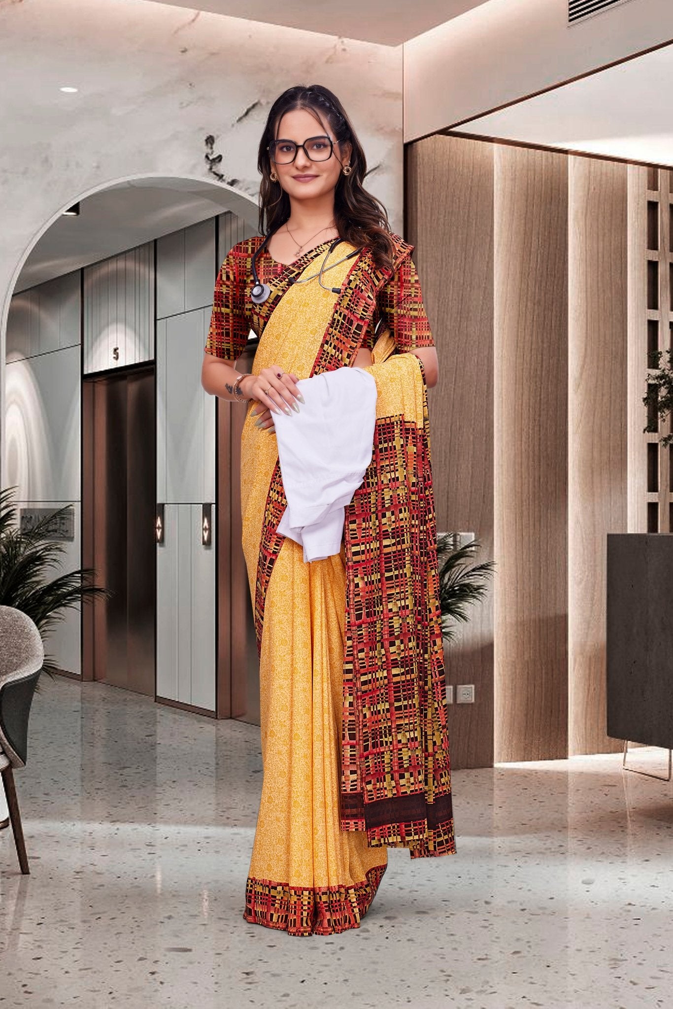 Yellow Crepe Professional Teacher Saree - FeministaCrepe