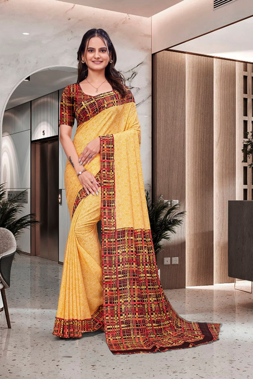 Yellow Crepe Professional Teacher Saree - FeministaCrepe