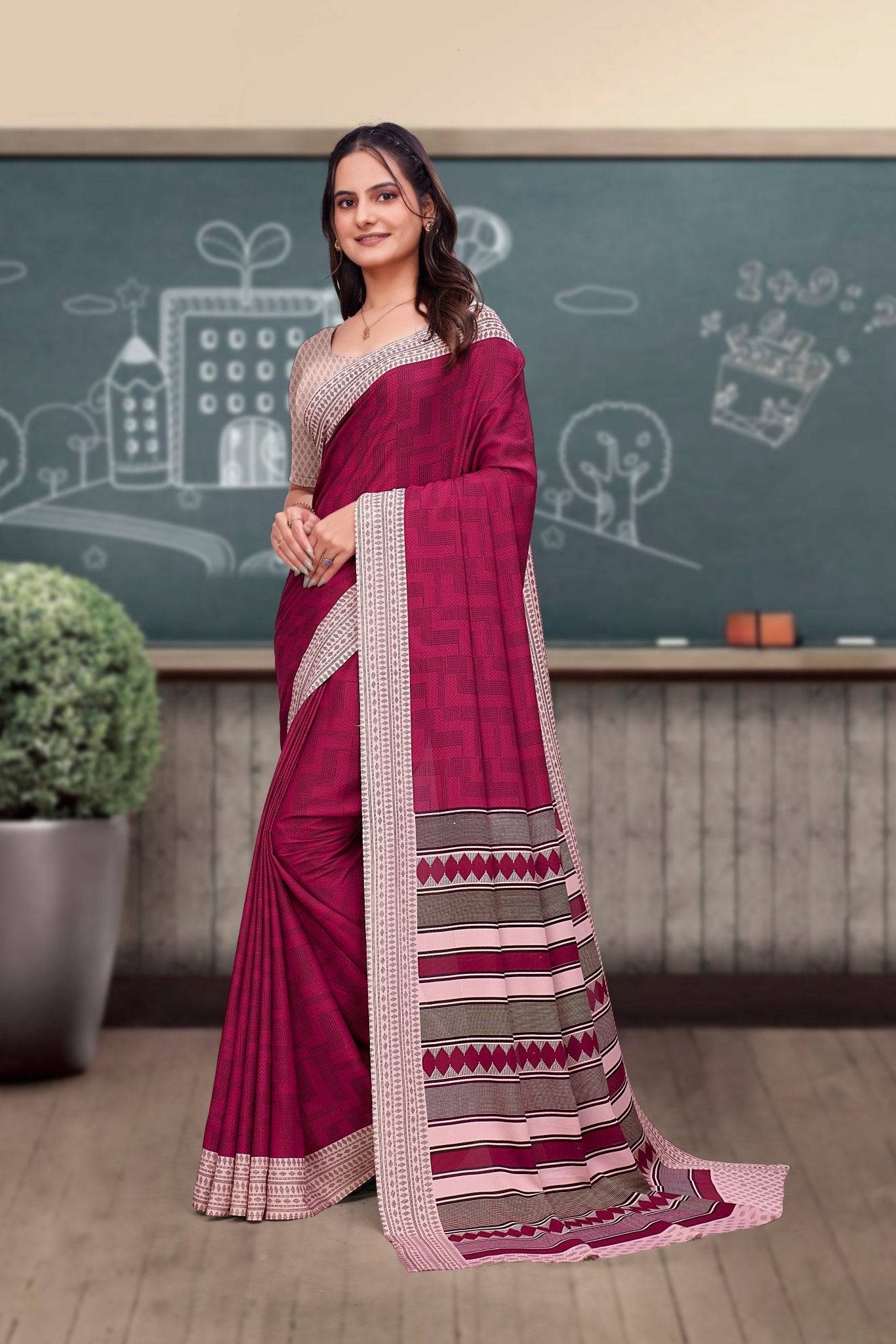 Pink Crepe School Uniform Saree for Teachers - FeministaCrepe